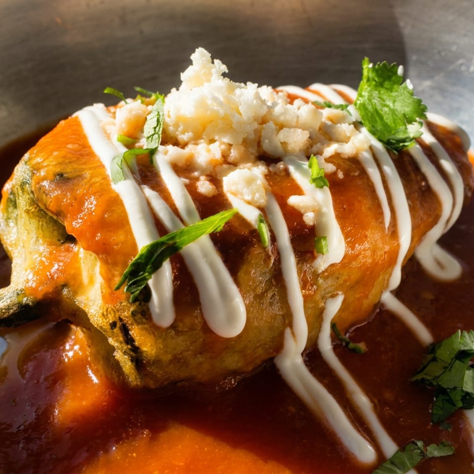 Roasted stuffed pepper topped with crema, crumbled cheese, cilantro, and red sauce on a metal plate.