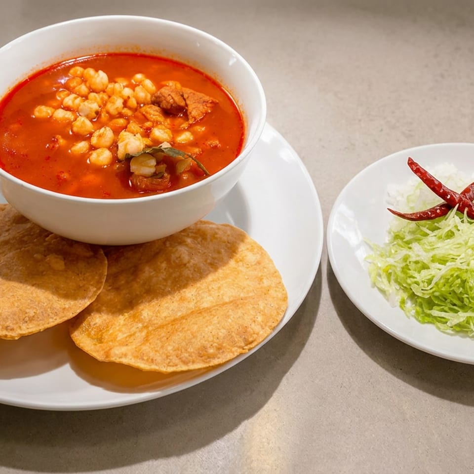 Bowl of red pozole with hominy and pork, served with tortillas, shredded lettuce, lime wedges, and dried chiles.