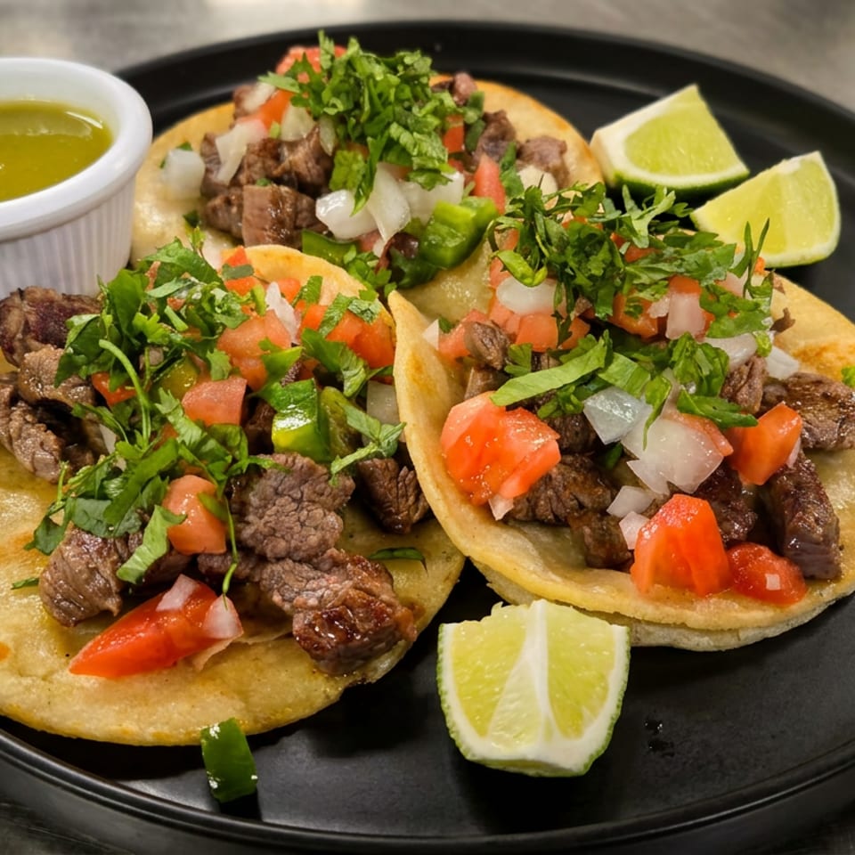 Three steak tacos topped with cilantro, diced tomatoes, onions, and peppers, served with lime wedges and green salsa.