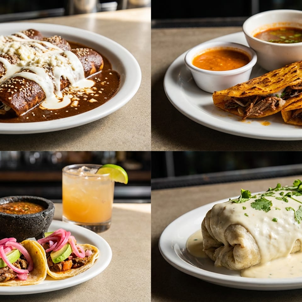 Collage of Mexican dishes featuring enchiladas, birria tacos with sauces, tacos with pickled onions, and a creamy burrito.