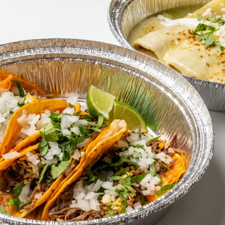 Three crispy beef tacos topped with onion and cilantro, lime wedges, and a sauced burrito in foil containers.
