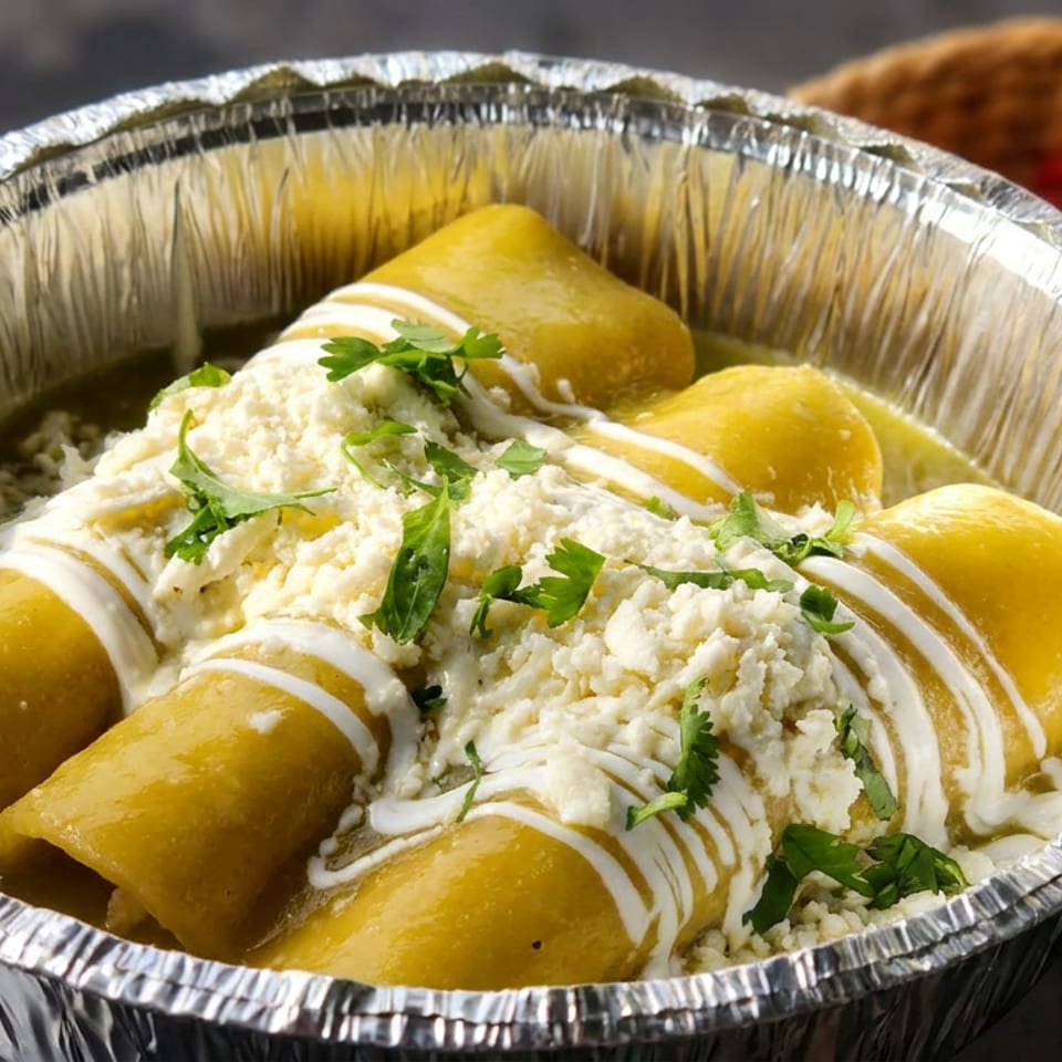 Yellow enchiladas in a foil tray topped with white sauce, crumbled cheese, and fresh cilantro.